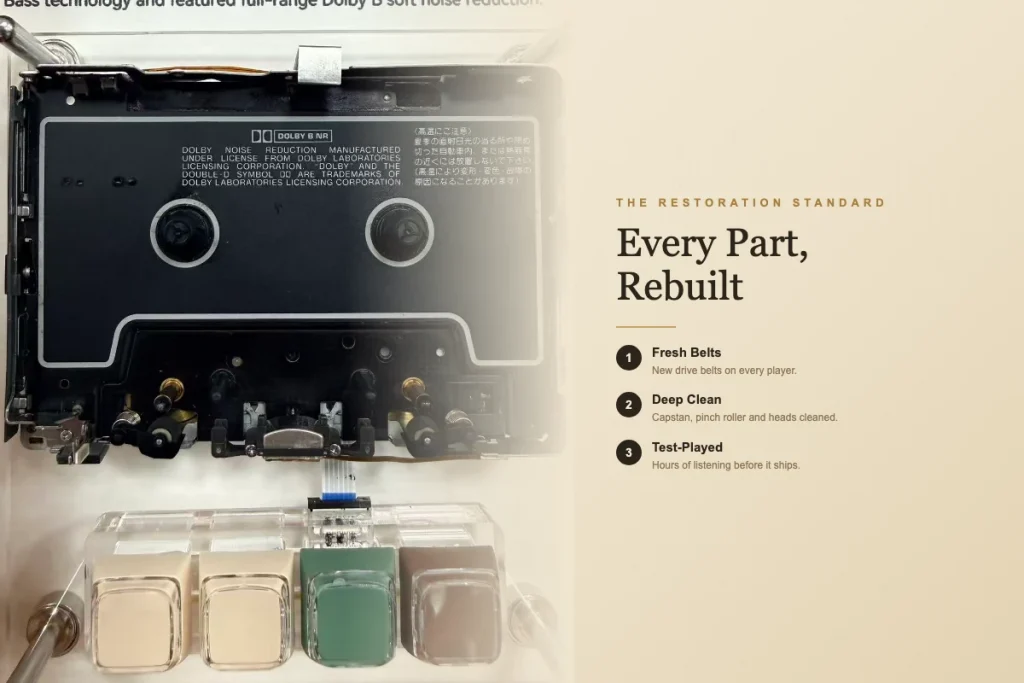 Exploded-view graphic showing a Walkman separated into its individual components