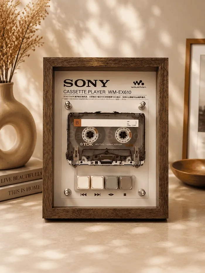 Restored vintage cassette players and Walkmans in wooden frames