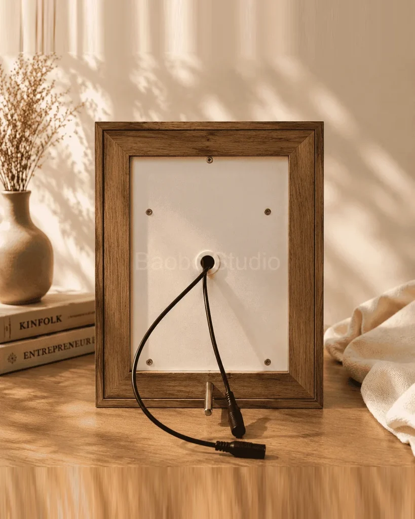 Back of a wooden frame showing the fitted hanging wire and wall mount
