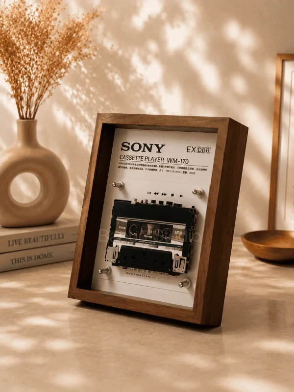 Sony WM-170 Cassette Player Frame - restored vintage audio player in wooden display frame