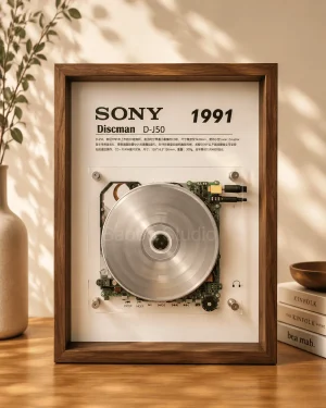 img_1813 Sony Discman D J50 CD Frame restored vintage audio player in wooden display frame