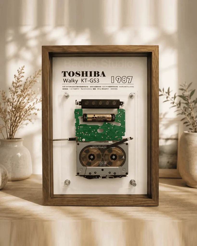 Toshiba Walky KT-GS3 cassette player in a wood frame