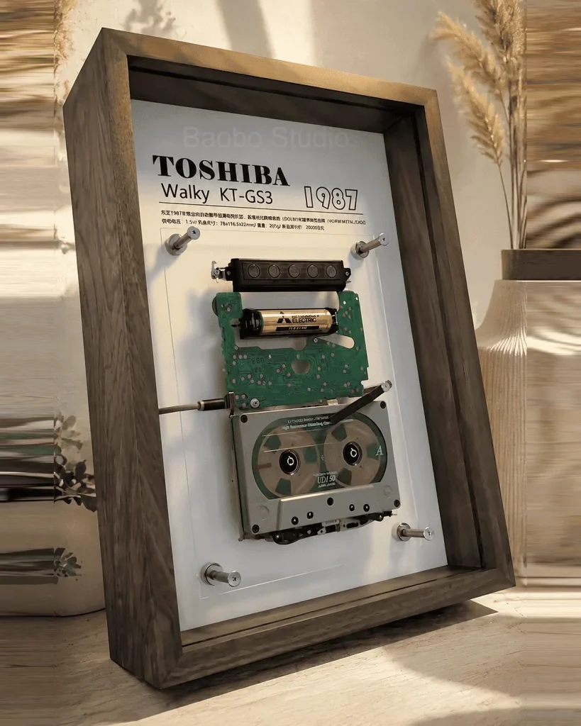 Toshiba Walky KT-GS3 cassette player in a dark walnut frame