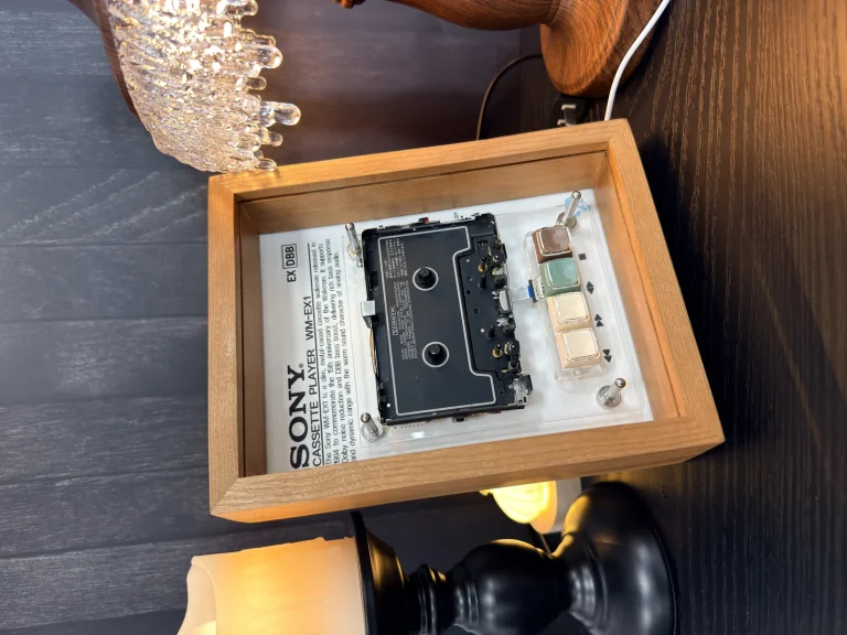 Sony Walkman WM-EX1 restored cassette player framed as playable wall art - real product photo