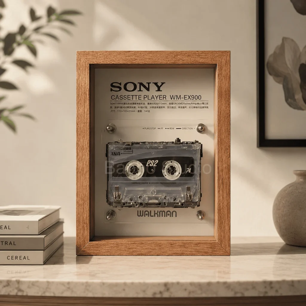 Sony Walkman WM-EX900 in a wood frame on a shelf with books