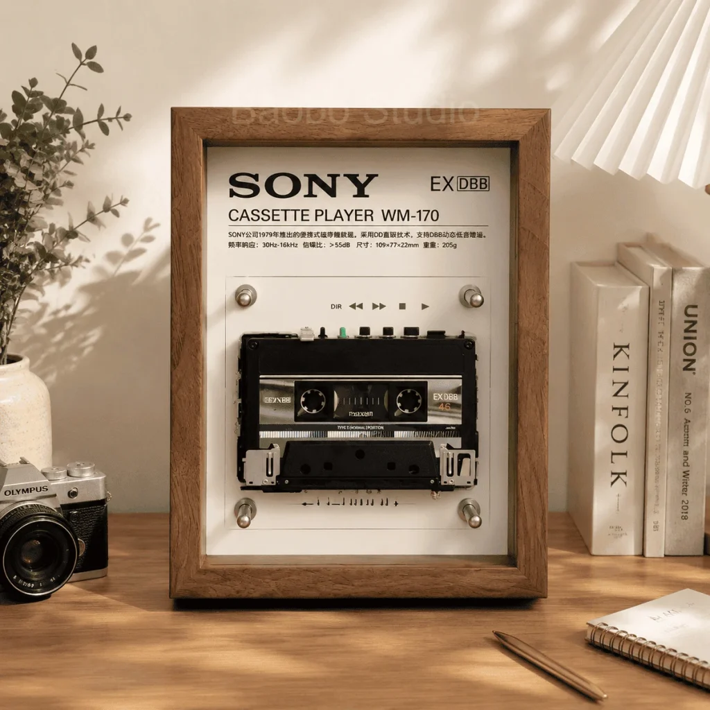 Sony Walkman EX-series cassette player in a wood frame on a shelf with books and a camera