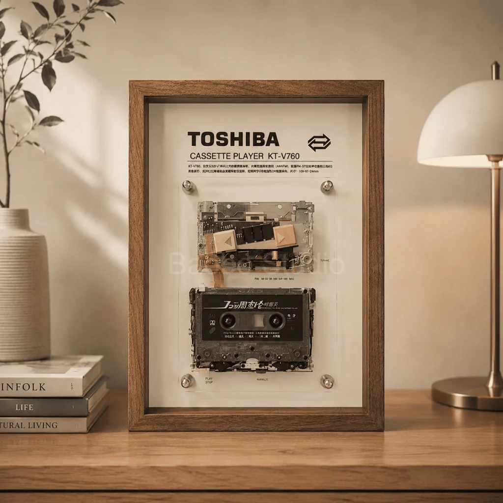Toshiba KT-V760 cassette player in a solid wood frame on a desk beside books