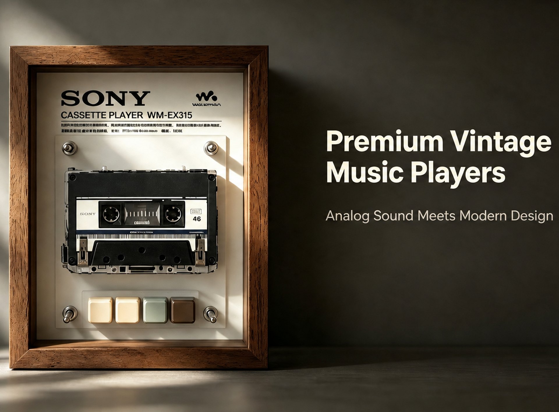 Framed Sony Walkman WM-EX315 cassette player by CassetteCD, premium vintage music players in a wooden frame