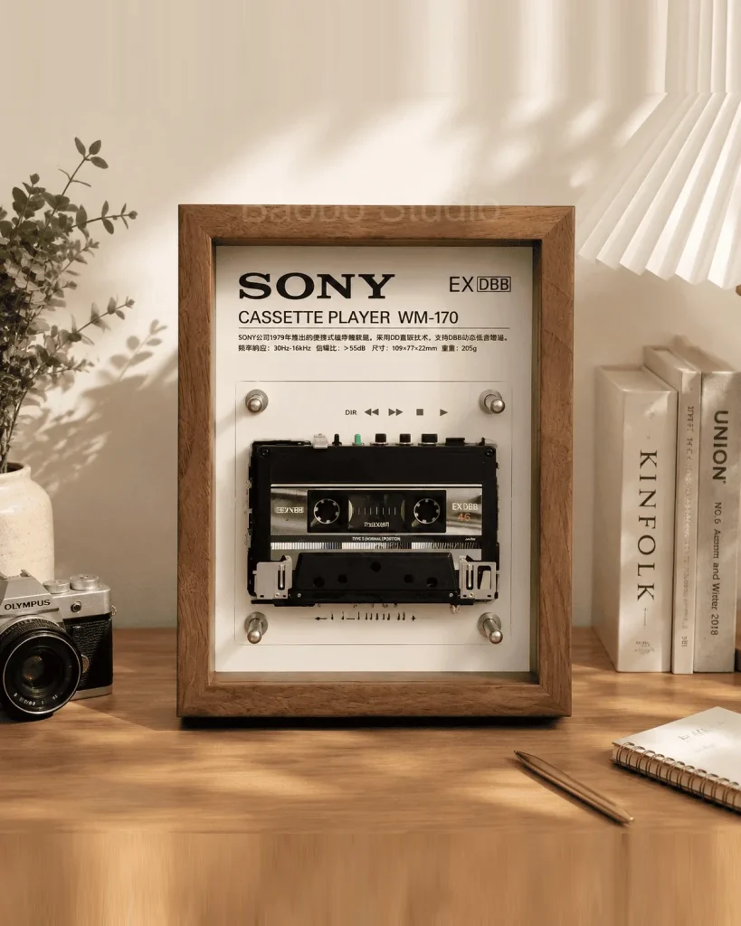 Sony WM-170 cassette player in a solid wood frame