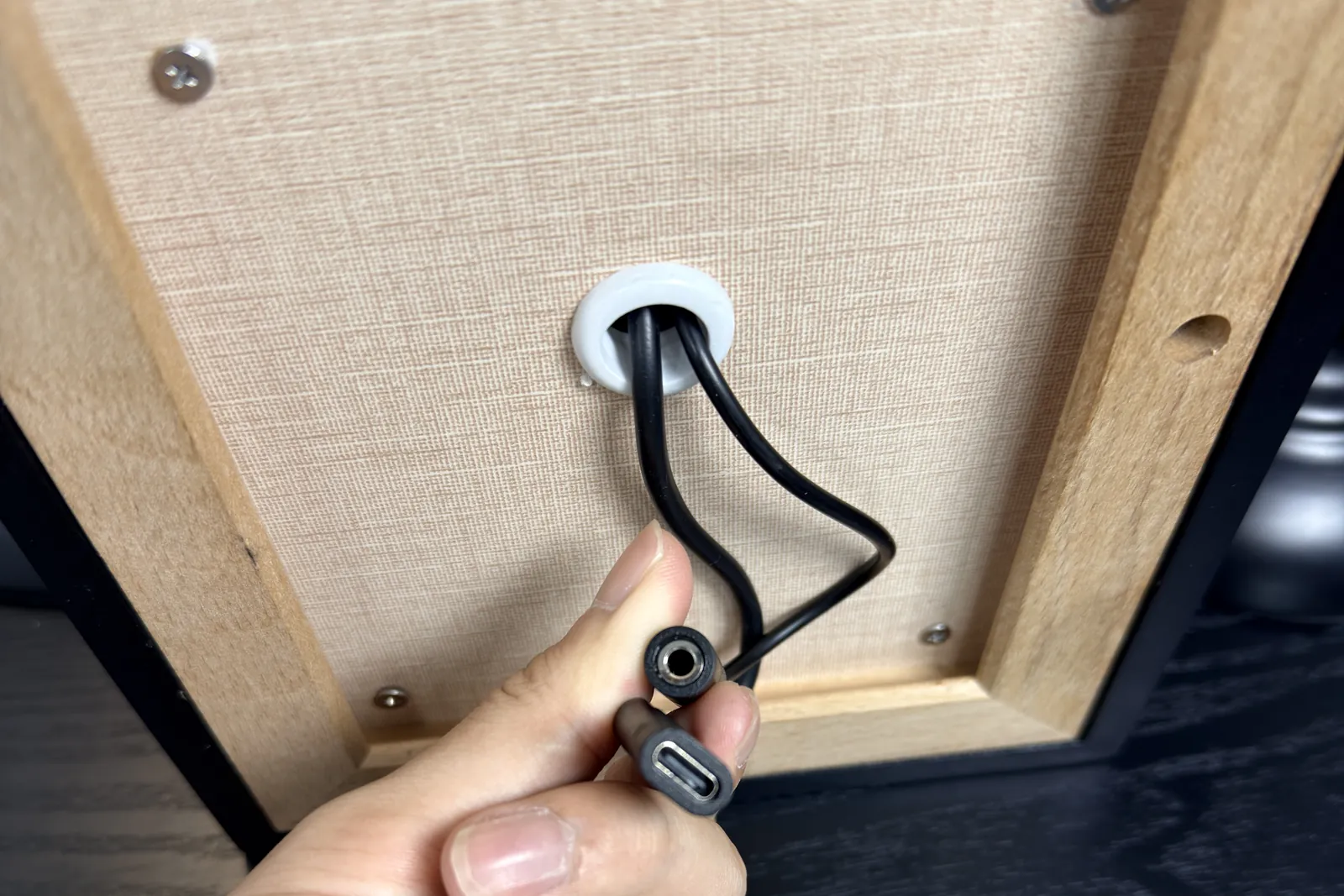 3.5mm audio jack and USB-C power input on a restored cassette player frame