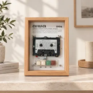 Aiwa PX570 restored cassette player in a wooden display frame, styled as retro wall art
