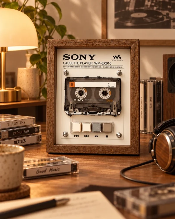 Sony Walkman WM-EX610 Cassette Frame - restored vintage cassette player in a walnut wooden display frame on a desk with headphones and a lamp