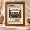 Sony Walkman WM-EX610 Cassette Frame - restored vintage cassette player in a walnut wooden display frame on a stone plinth with dried flowers