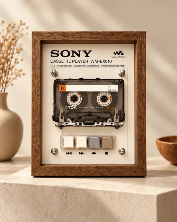 Sony Walkman WM-EX610 Cassette Frame - restored vintage cassette player in a walnut wooden display frame on a stone plinth with dried flowers