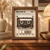 Sony Walkman WM-EX610 Cassette Frame - restored vintage cassette player in a walnut wooden display frame on a wooden dresser with a table lamp