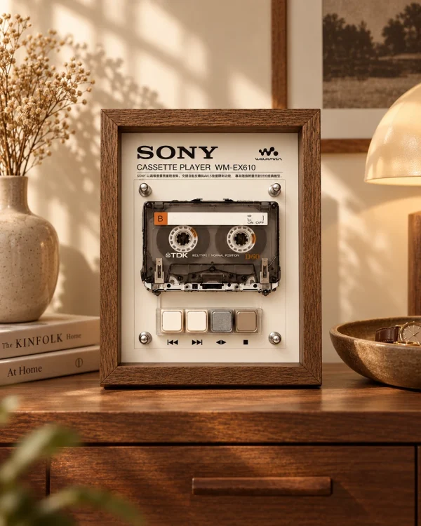Sony Walkman WM-EX610 Cassette Frame - restored vintage cassette player in a walnut wooden display frame on a wooden dresser with a table lamp